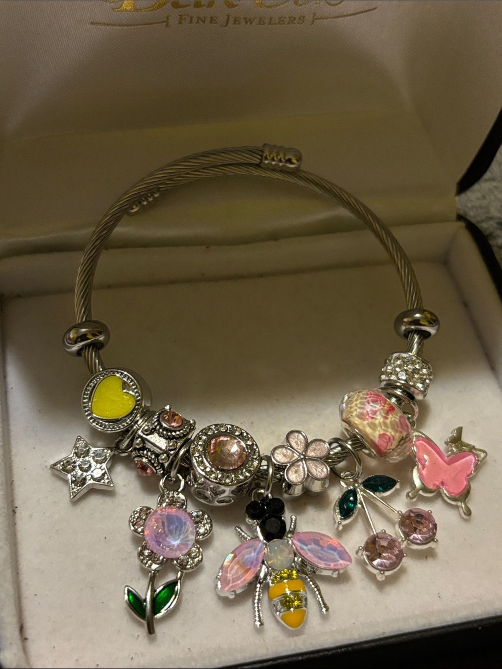 Silver-Tone Yellow & Pink Charm Bracelet with Bee and Floral Charms